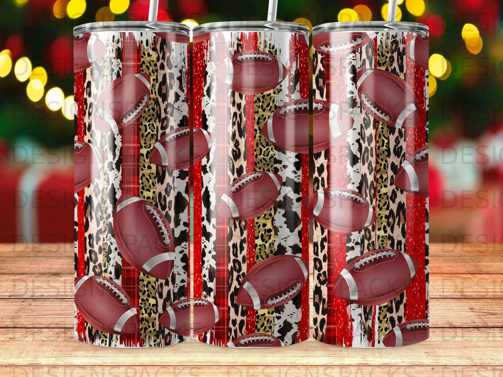 Tumbler with footballs, leopard print, and red and black stripes.
