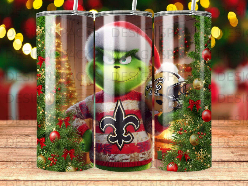Grinch in a holiday sweater holding a Saints helmet with Christmas decor.
