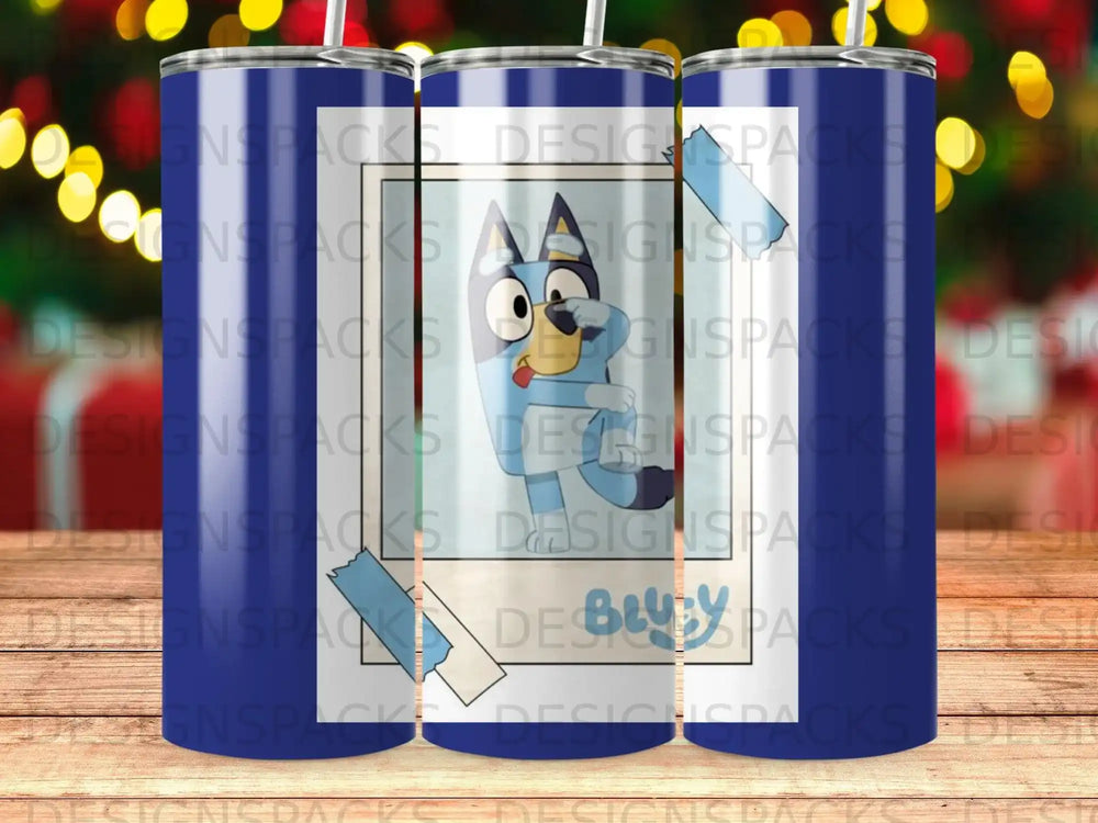 Bluey cartoon character on a blue tumbler with repeating watermark.