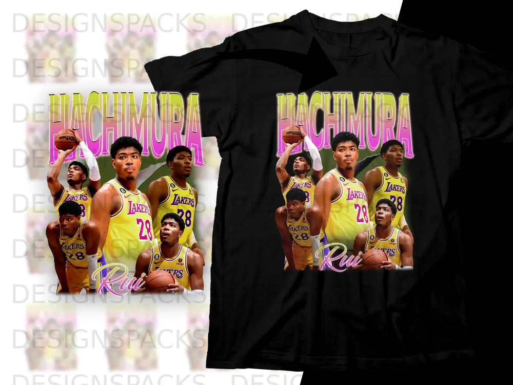 T-shirt graphic featuring Rui Hachimura and other Lakers players.