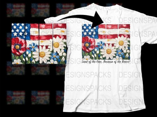 Patriotic Floral T-Shirt American Flag Design, Red White Blue Flowers, Land of the Free, Casual Wear