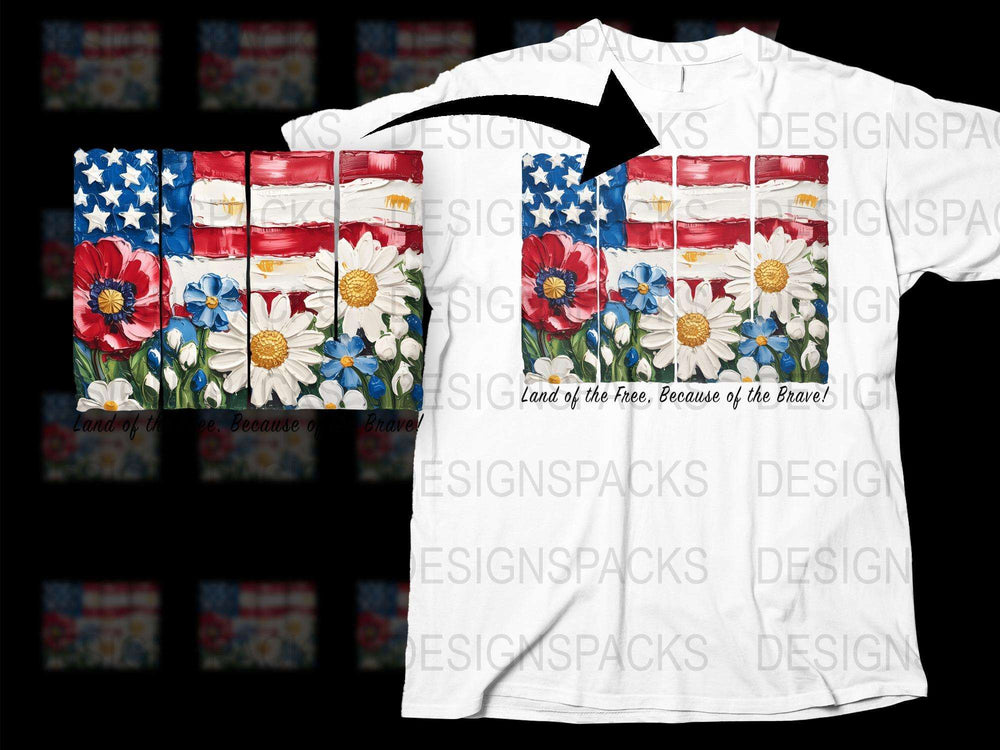Patriotic Floral T-Shirt American Flag Design, Red White Blue Flowers, Land of the Free, Casual Wear