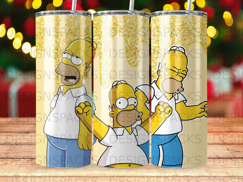 Homer Simpson characters on a gold glitter tumbler with "MA25058" text.