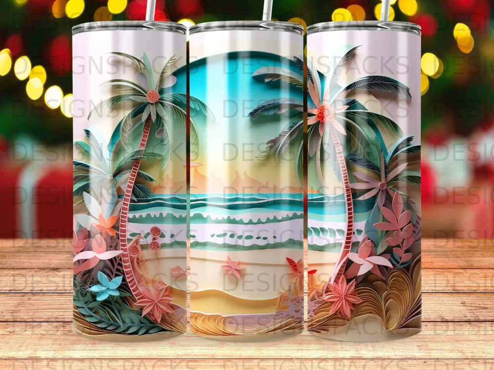 Tropical beach scene with palm trees and ocean waves, printed on three tumblers.
