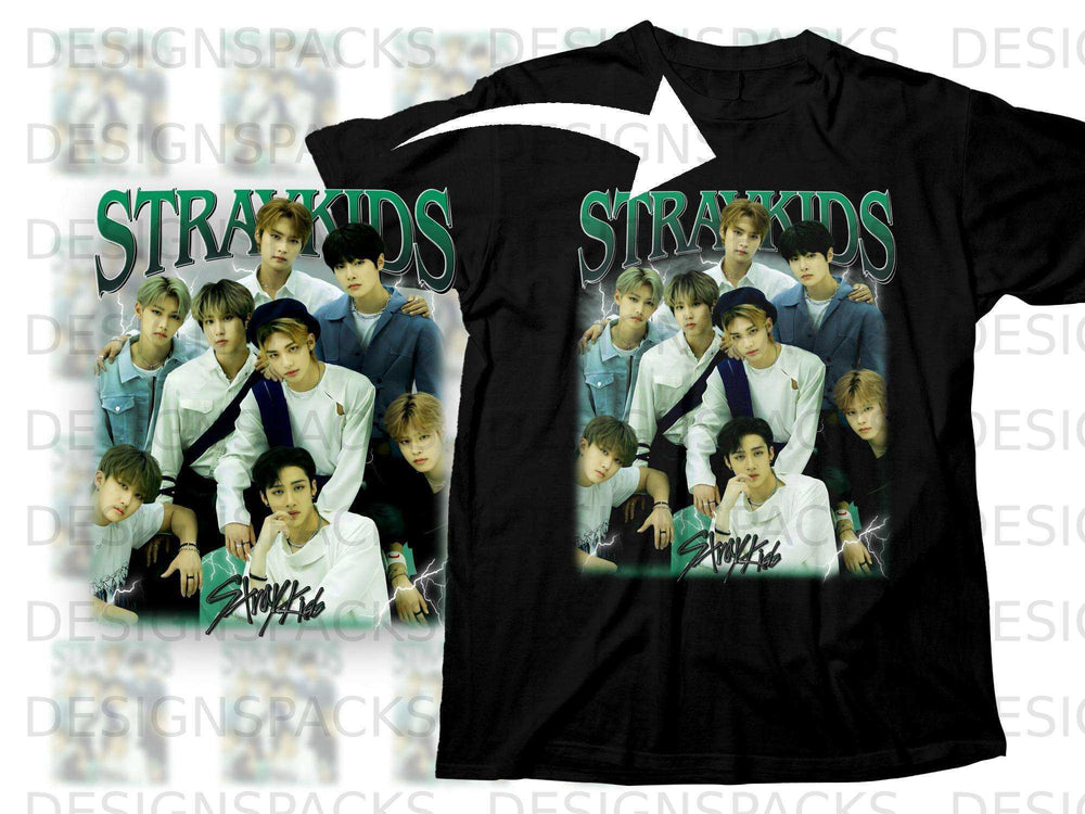 Stray Kids members posing in a group photo on a black t-shirt.
