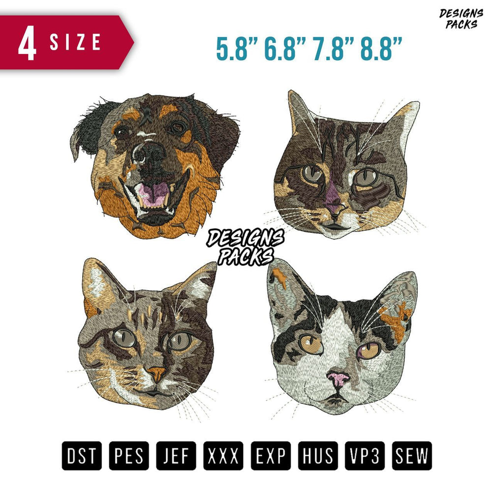 1 Dog 3 Cats Face Embroidery Design