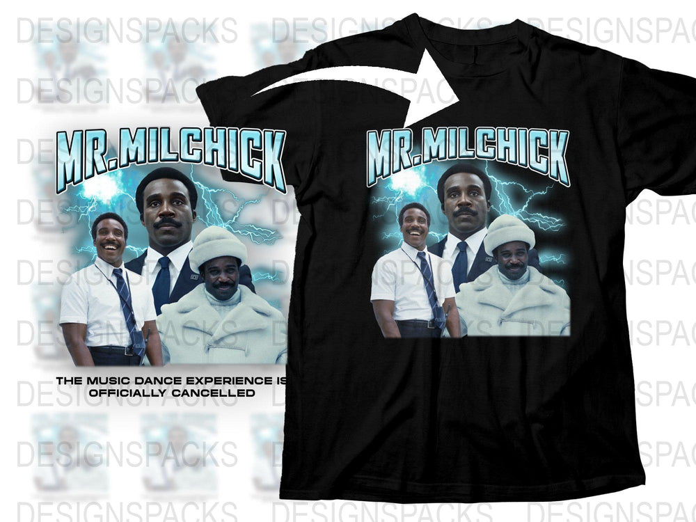 Mr. Milchick Graphic T-Shirt, Lightning Effect, Music Dance Experience, Black Tee with Bold Text Design