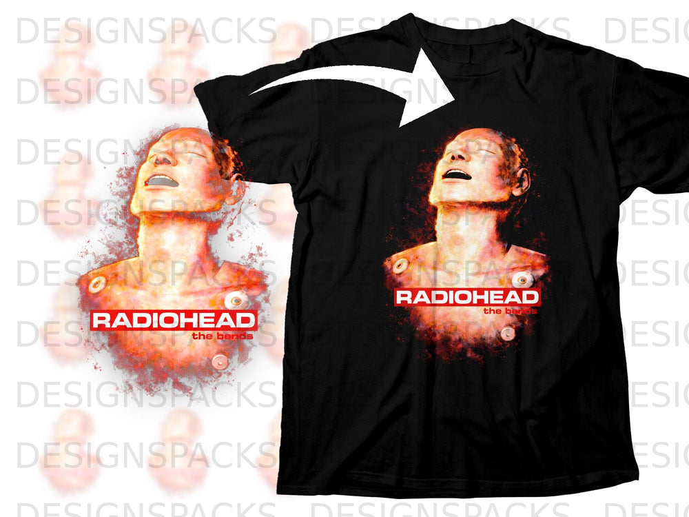 Black t-shirt with Radiohead "The Bends" album artwork featuring a person with eyes open.