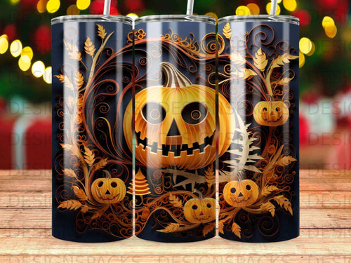 Jack-o'-lantern with ornate swirling vines and smaller pumpkins on dark background.