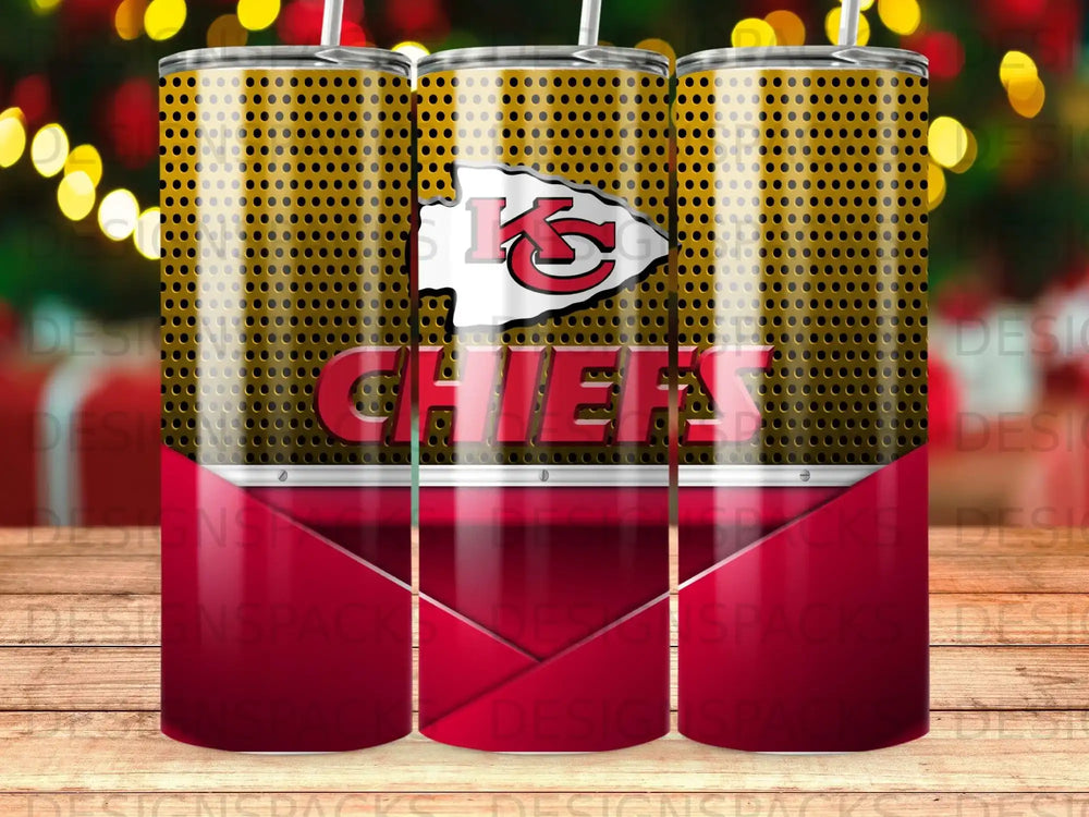 Kansas City Chiefs logo on a gold and brown patterned tumbler.