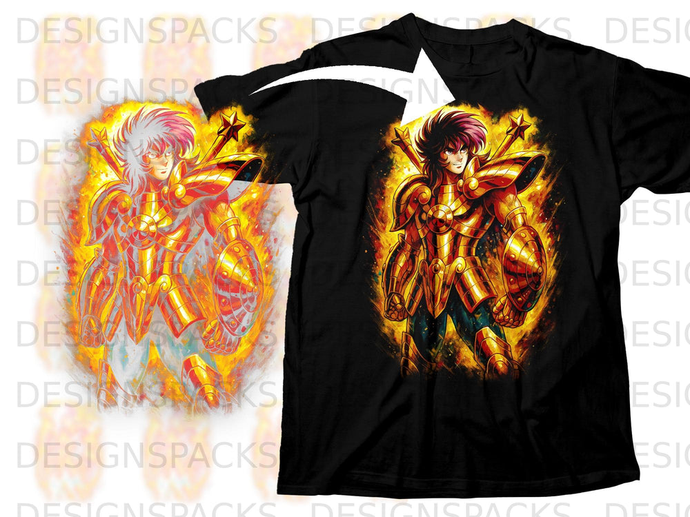 Black t-shirt with a golden armored anime character surrounded by fire.