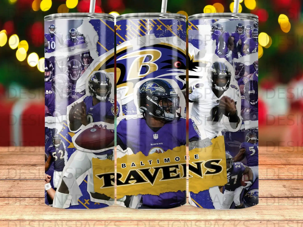 Baltimore Ravens logo with player collage on a tumbler.