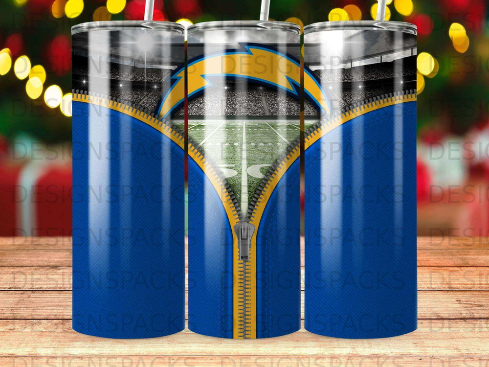 Blue tumbler with yellow zipper design and San Diego Chargers logo on stadium background.