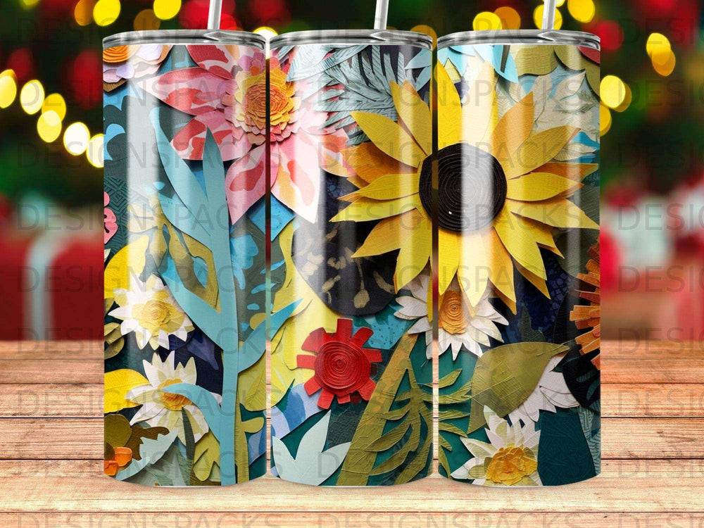 Three tumblers with a vibrant, layered floral and leaf design.