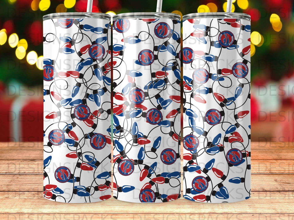 Tumbler with repeating pattern of Buffalo Bills logo and Christmas lights.