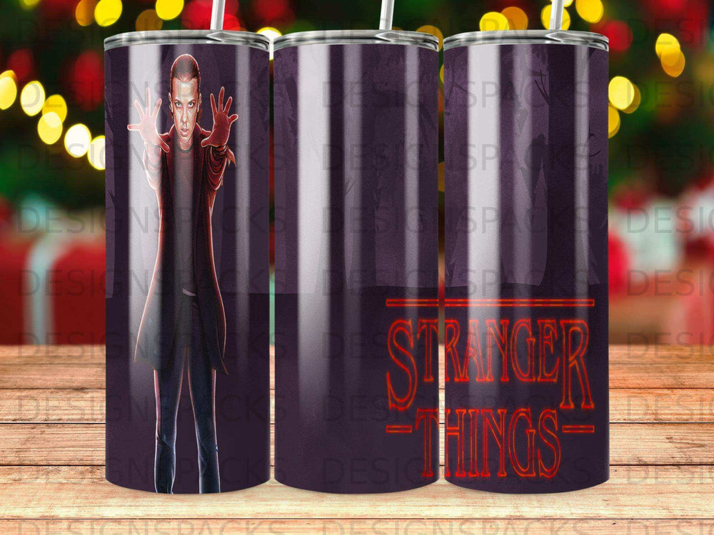 Stranger Things tumbler featuring Eleven with glowing hands.