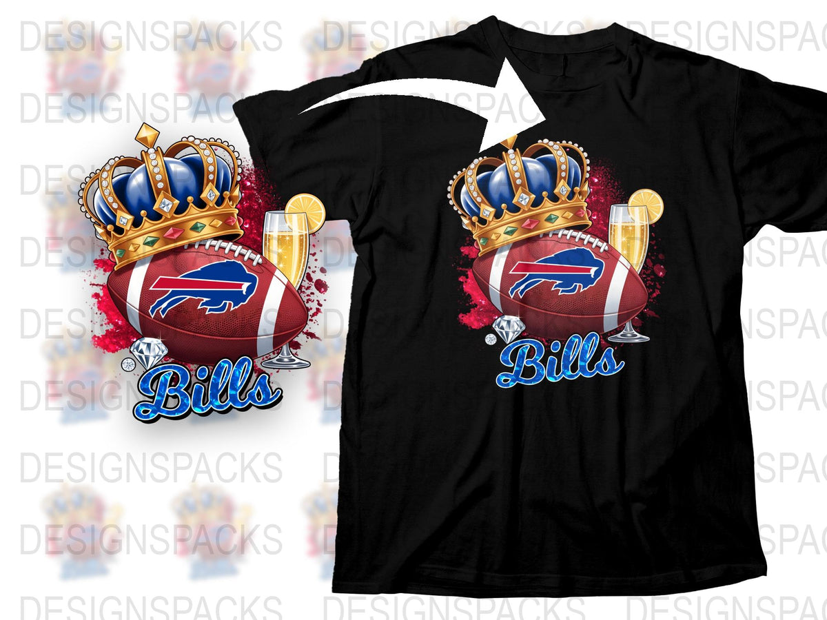 Buffalo Bills Themed T-Shirt, Crown Graphic, Football Fan Apparel, Royal Blue and Red