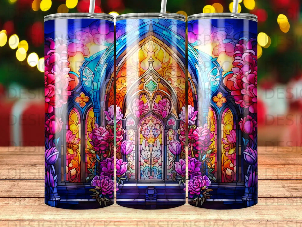 Stained glass window with flowers, digital art.