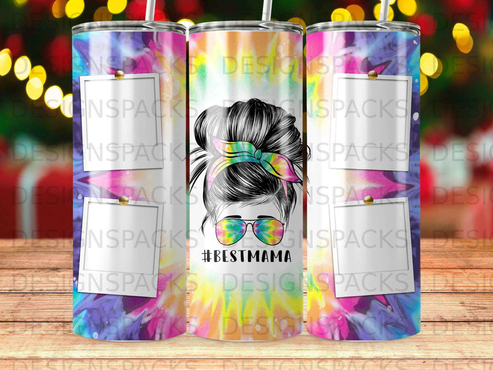 Tumbler with tie-dye background and #BESTMAMA text.
