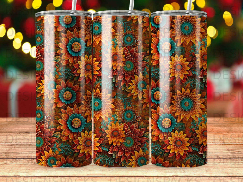 Tumbler with a repeating pattern of stylized orange, yellow, and teal flowers.