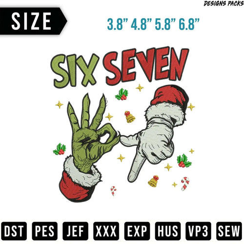 Grinch hands making numbers six and seven, with bells and candy canes.