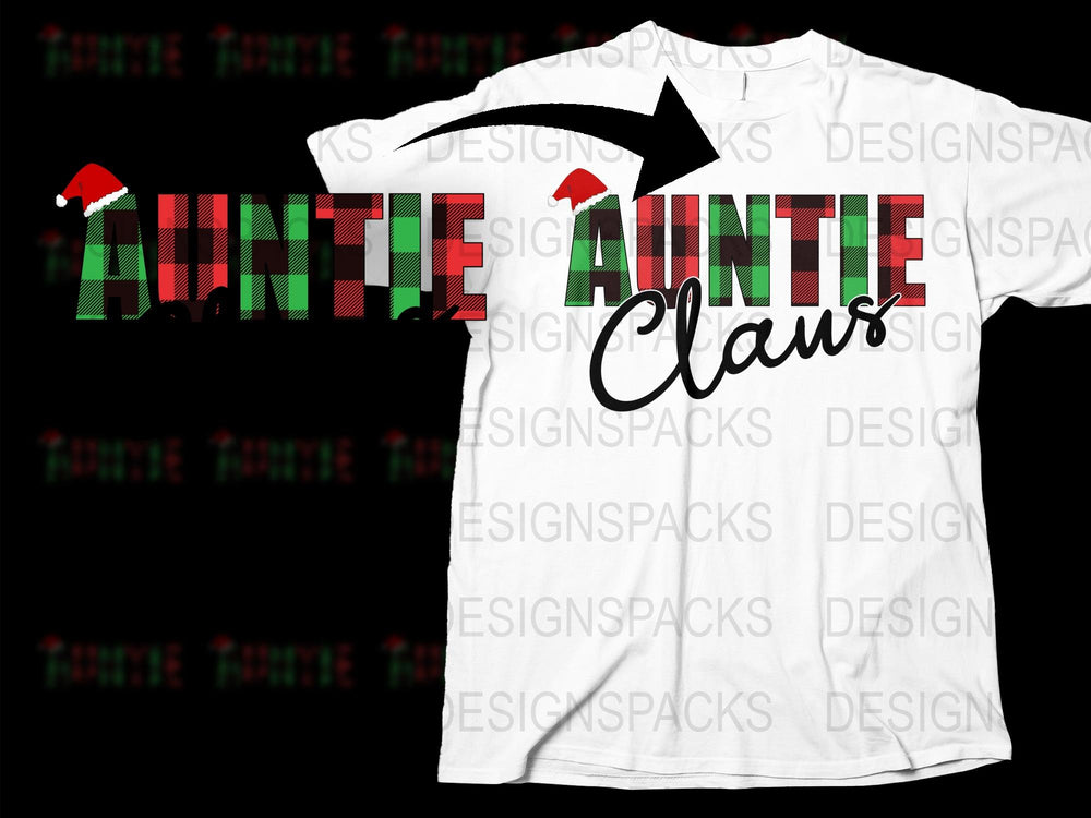Auntie Claus Christmas T-Shirt, Festive Holiday Tee, Red and Green Plaid, Fun Holiday Gift for Aunts