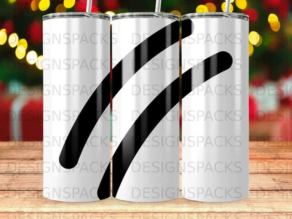 White tumbler with diagonal black stripes and repeating "DESIGNSPACKS" watermark.
