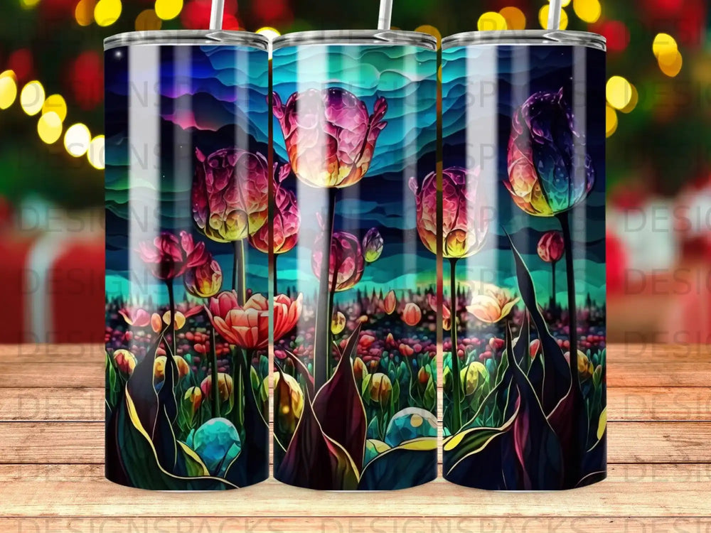 Colorful tulips in a field under a vibrant, dark sky.