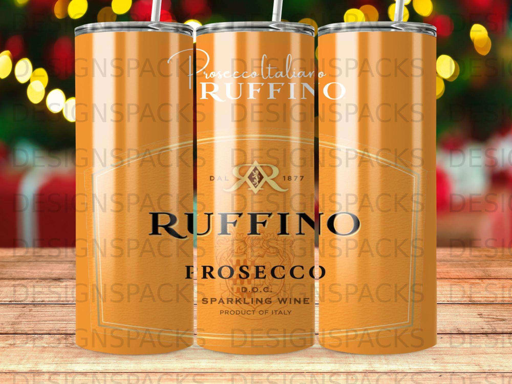 Three Ruffino Prosecco tumblers with gold, white, and black labels.