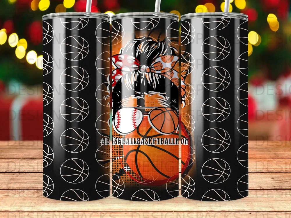 Tumbler with basketball pattern, woman's messy bun, sunglasses, and "#iplaybasketball" text.