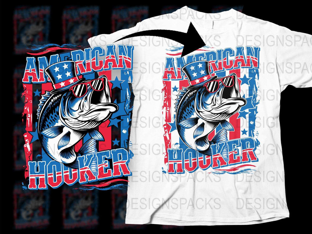 American Hooker Fishing T-Shirt, Patriotic Bass Fish Graphic Tee, USA Flag Colors, Angler Summer Casual Wear