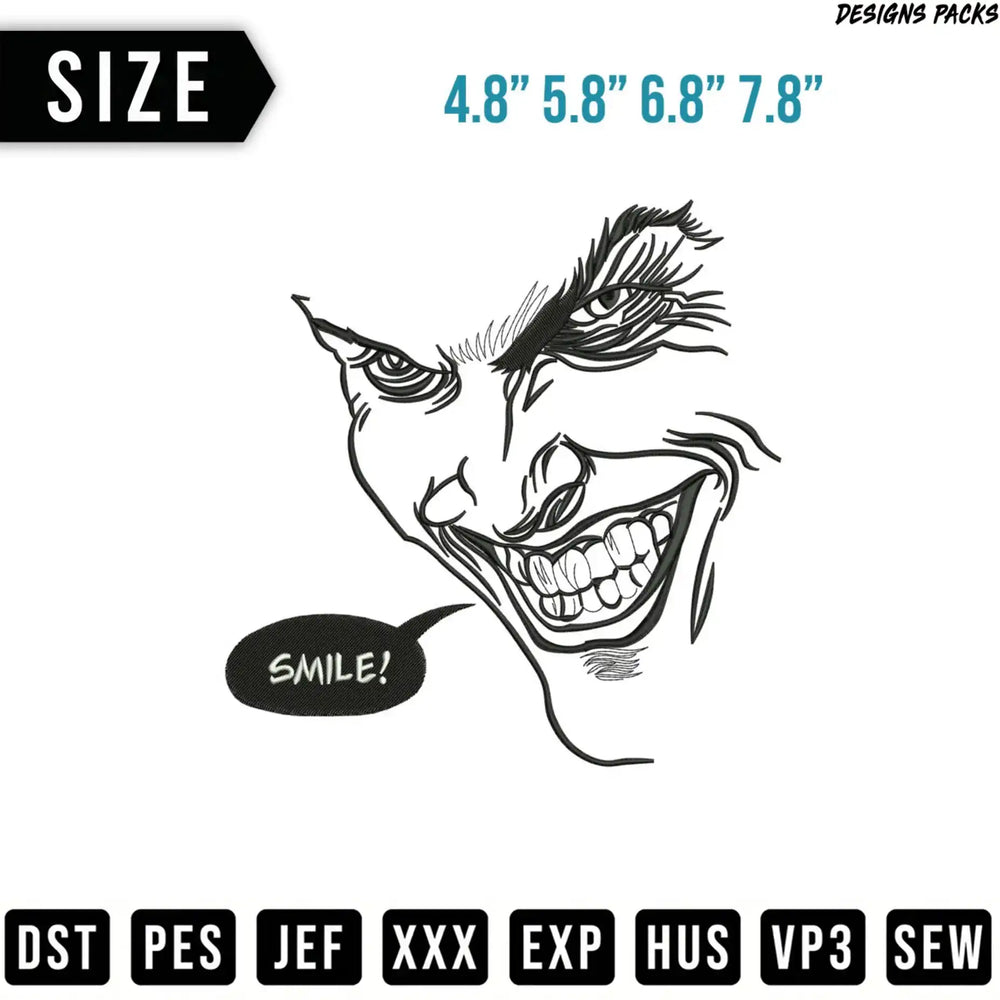 Joker-style illustration with "SMILE!" speech bubble and sizes.