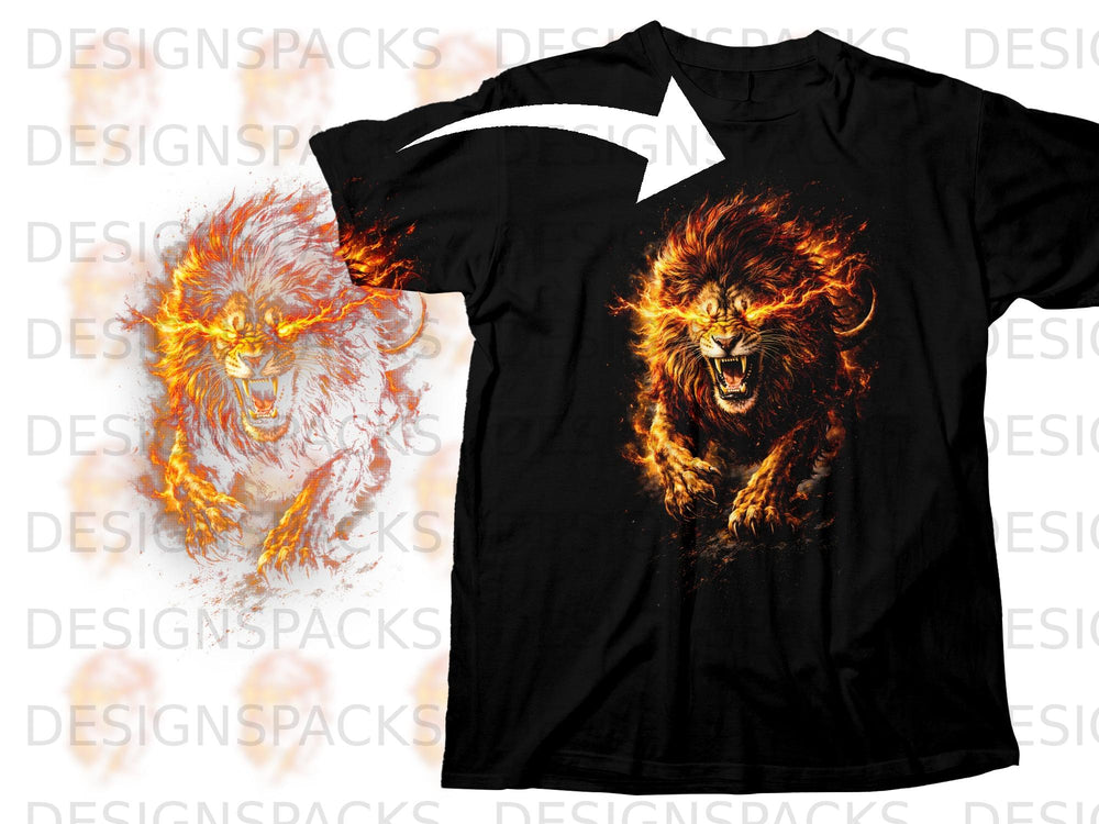 Black t-shirt featuring a roaring lion with fiery mane and glowing eyes.