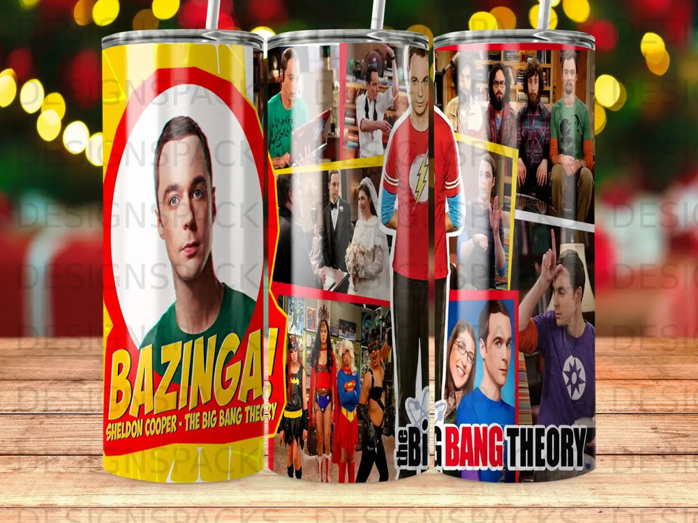 The Big Bang Theory tumbler with "Bazinga!" and character collage.
