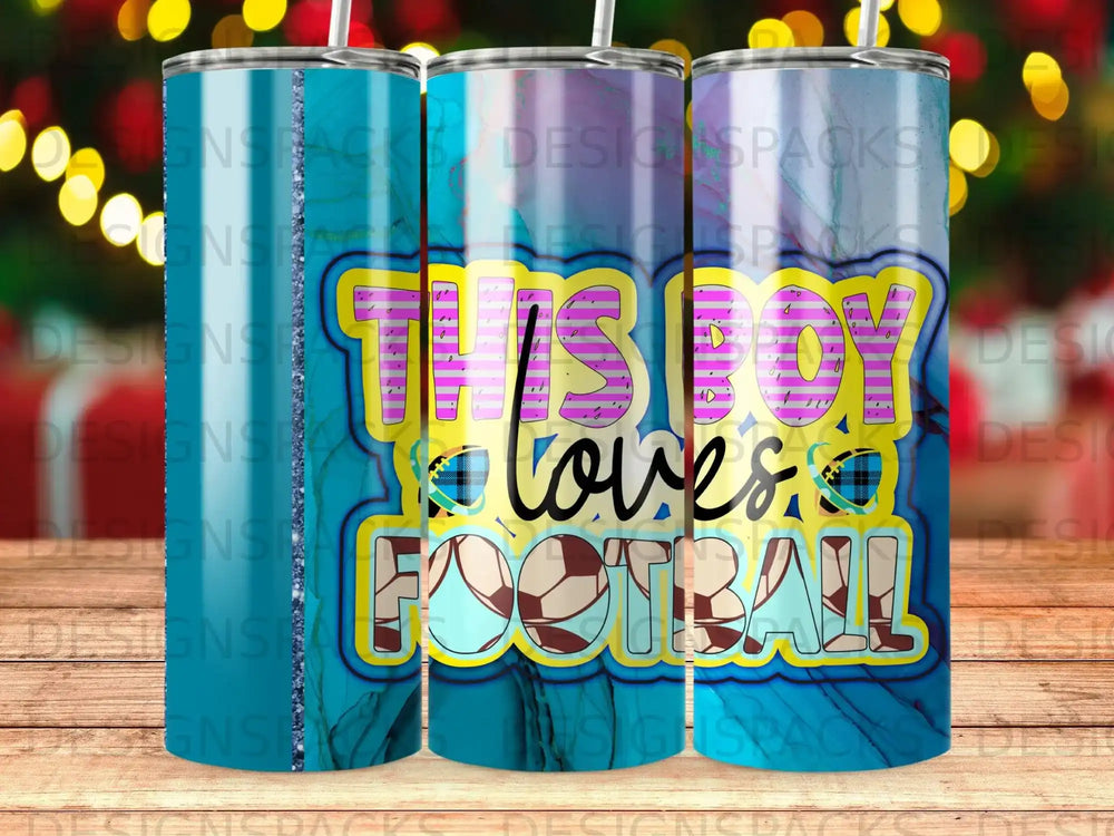 Blue tumbler with "This boy loves football" text and football graphic.