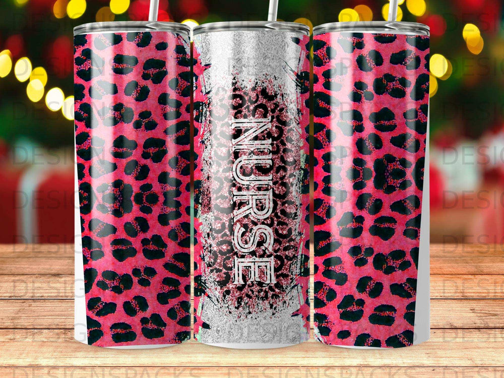 Pink leopard print tumbler with "Nurse" text in distressed white.