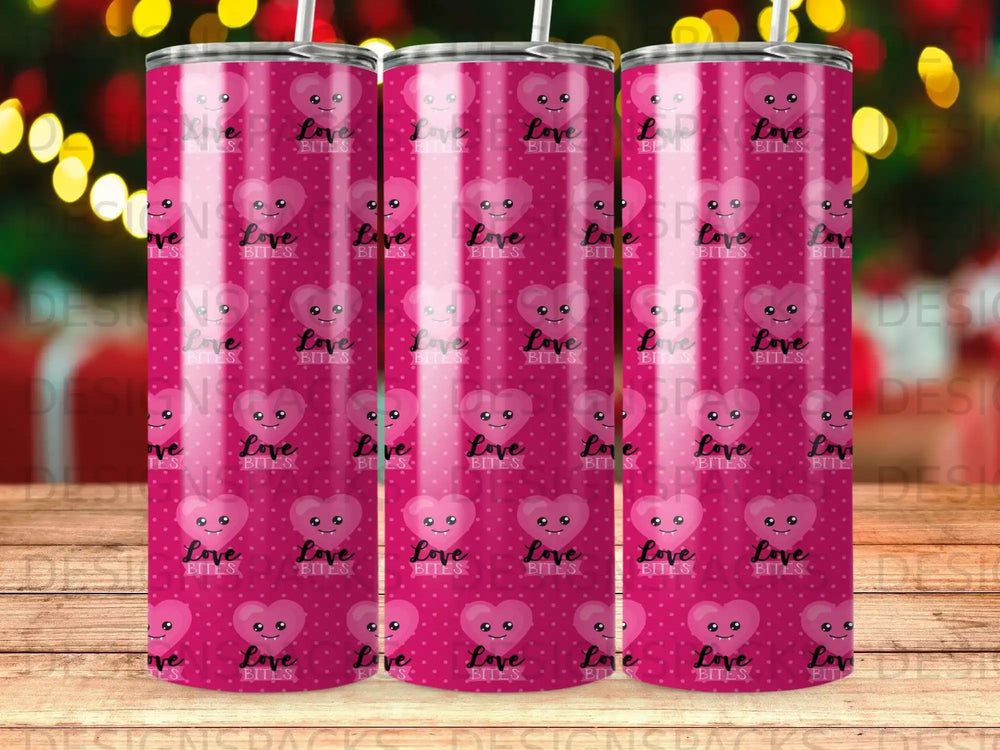 Pink tumbler with repeating pattern of "Love Bites" in hearts.