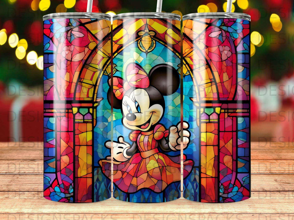 Minnie Mouse in a stained-glass window design on a tumbler.