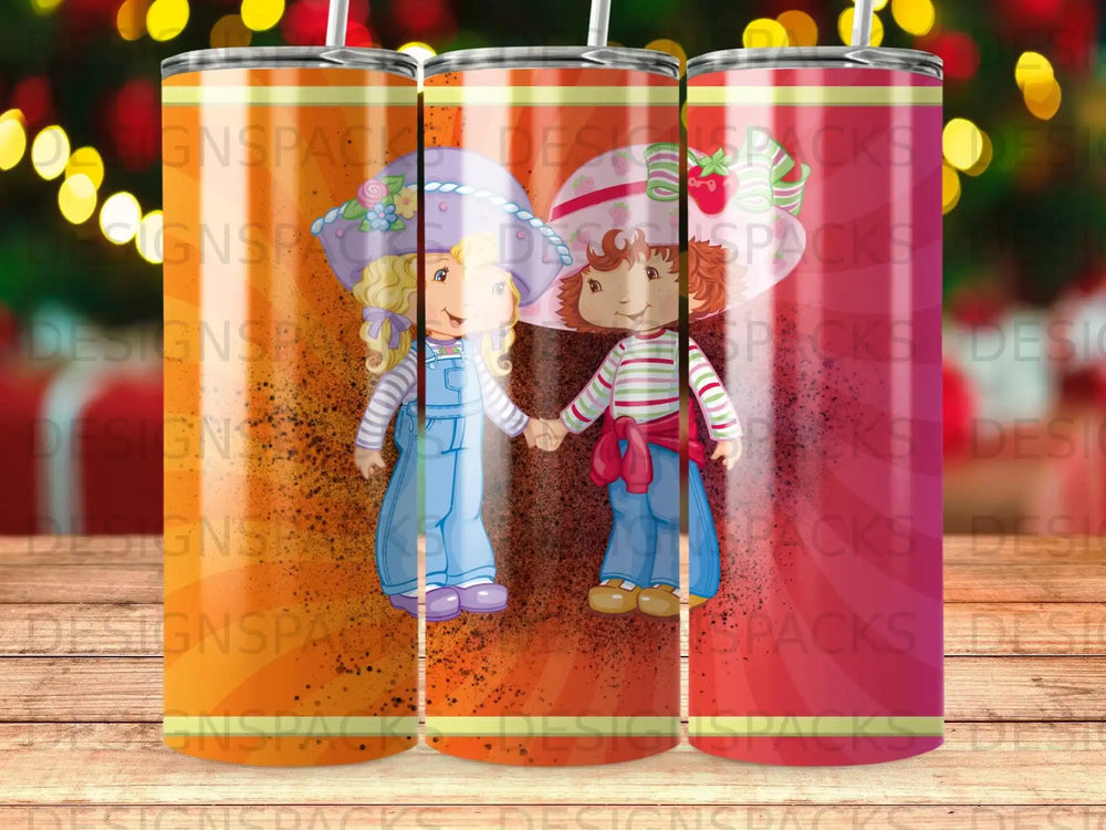Strawberry Shortcake and friend holding hands, surrounded by orange and yellow splatters.