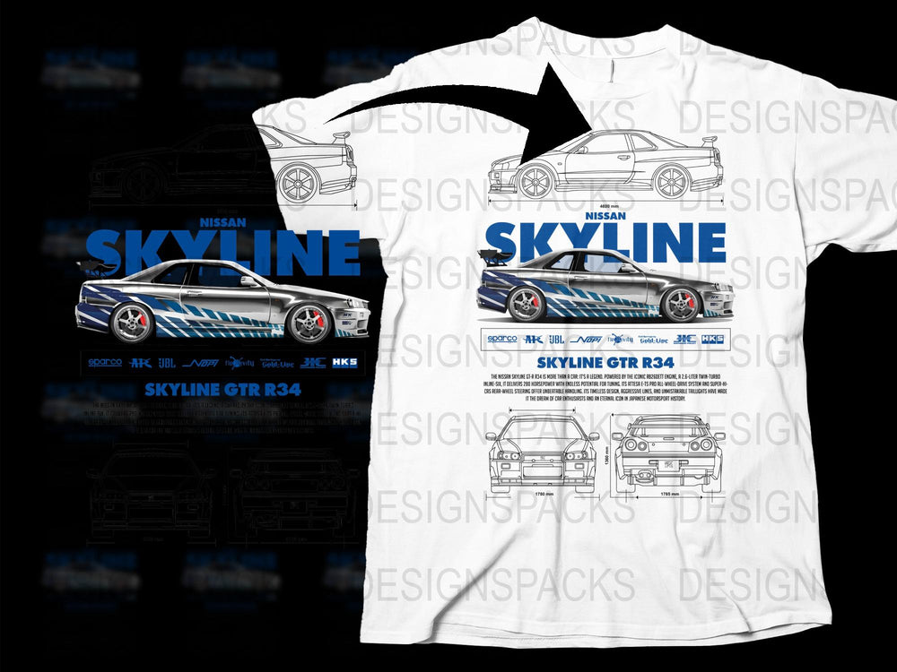 Nissan Skyline GTR R34 T-Shirt, White Graphic Tee, Car Enthusiast Apparel, Automotive Design Shirt, Racing Car Fan Gift