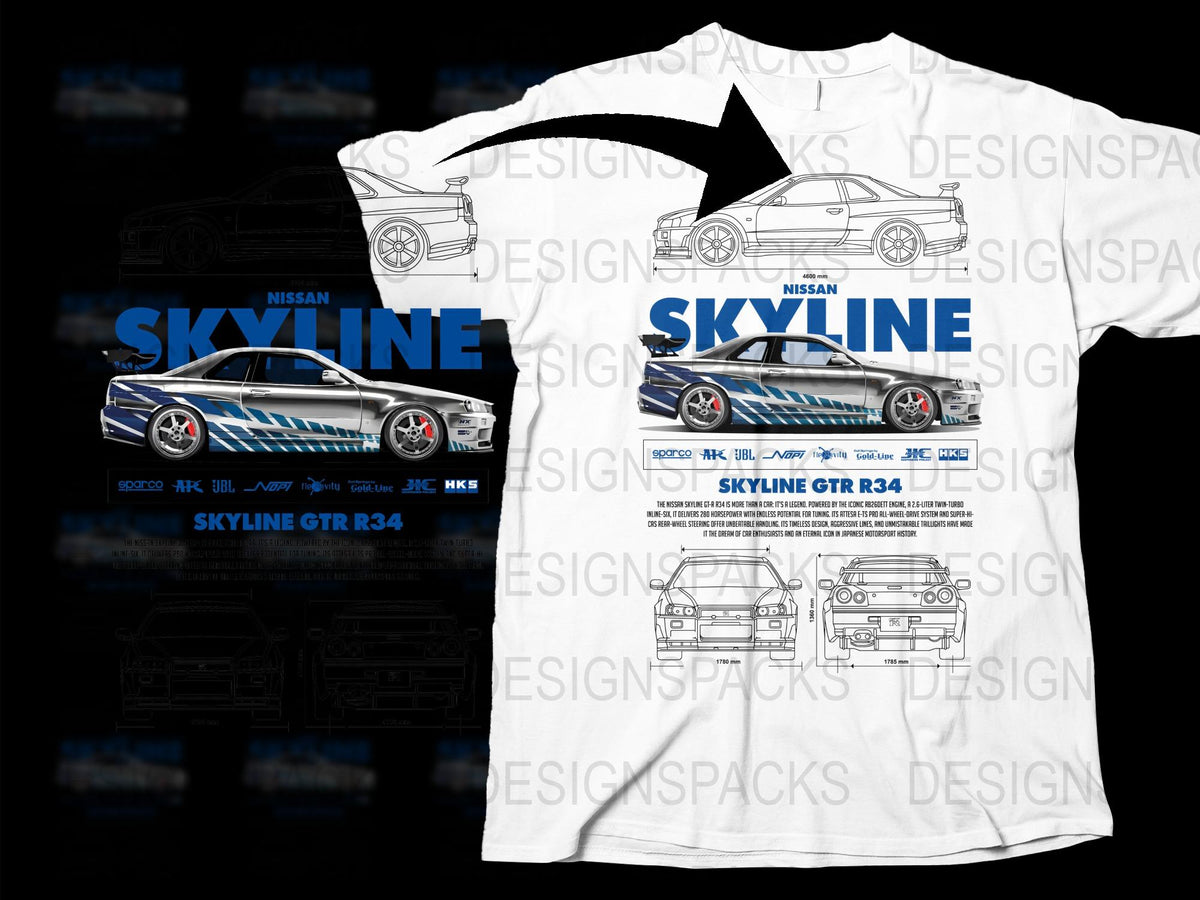 Nissan Skyline GTR R34 T-Shirt, White Graphic Tee, Car Enthusiast Apparel, Automotive Design Shirt, Racing Car Fan Gift