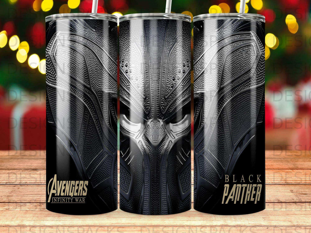 Black Panther Avengers Infinity War tumbler with detailed mask and logos.