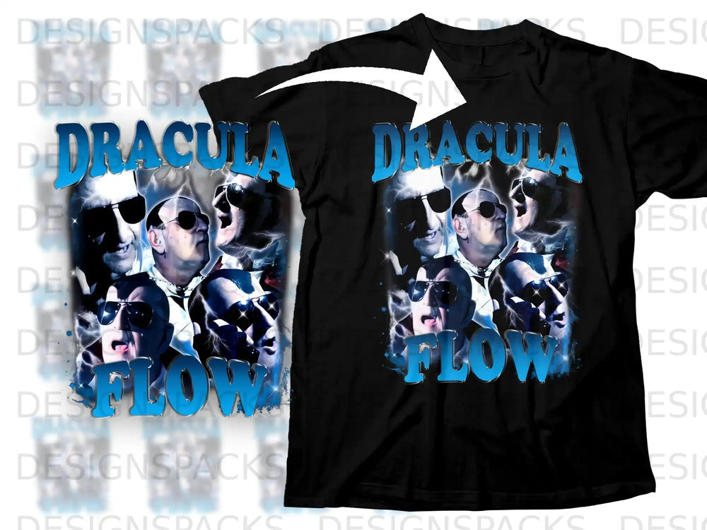 Black t-shirt with "Dracula Flow" graphics featuring a collage of Dracula's face.