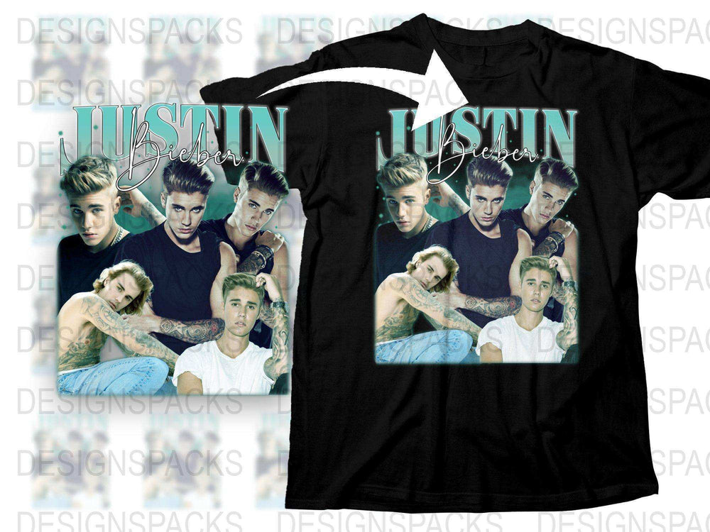 Justin Bieber Photo Collage T-Shirt, Pop Star Fan Merch, Multiple Poses, Black Cotton Tee