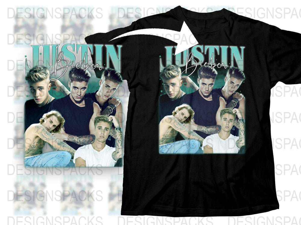 Justin Bieber Photo Collage T-Shirt, Pop Star Fan Merch, Multiple Poses, Black Cotton Tee