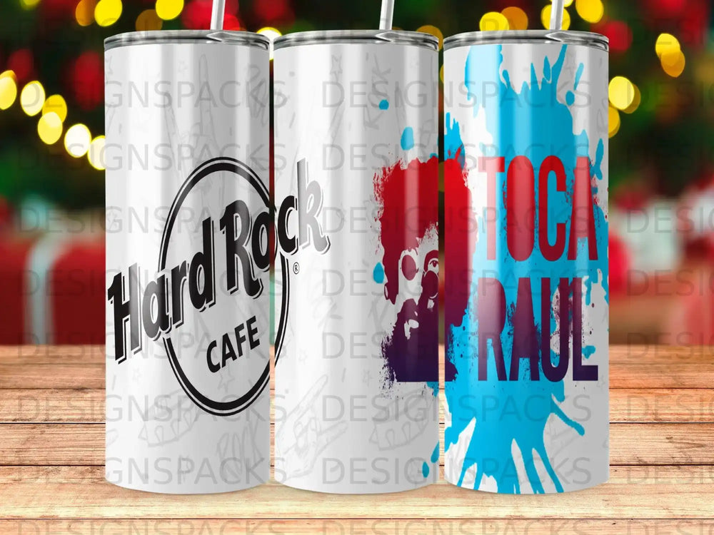 Hard Rock Cafe tumblers with colorful designs and "RAUL" text.