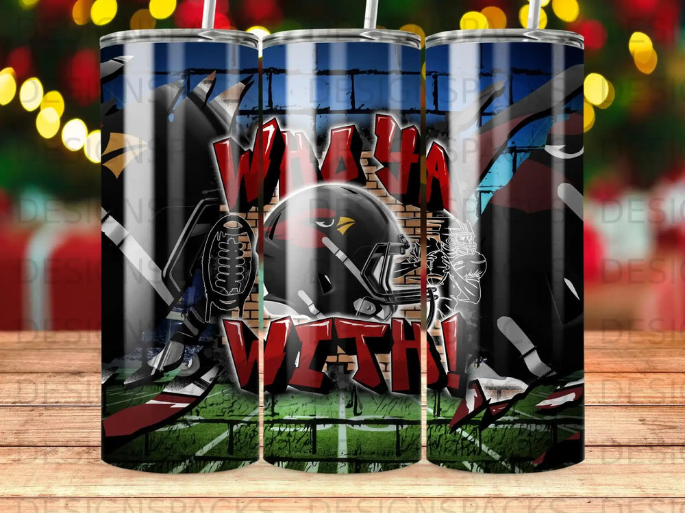 Arizona Cardinals helmet and football on a brick background with "WAAAH!" text.