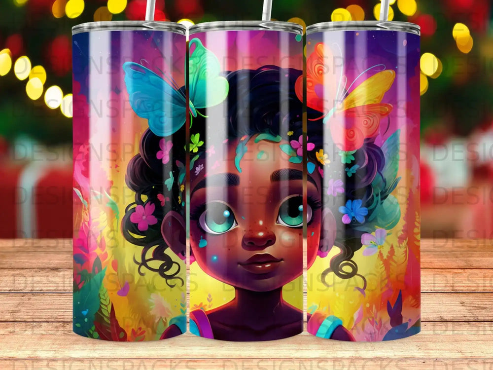 Illustration of a girl with colorful butterflies and flowers, wearing a pink top.