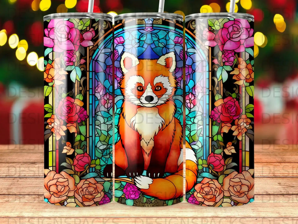 Red panda against a stained glass floral background.