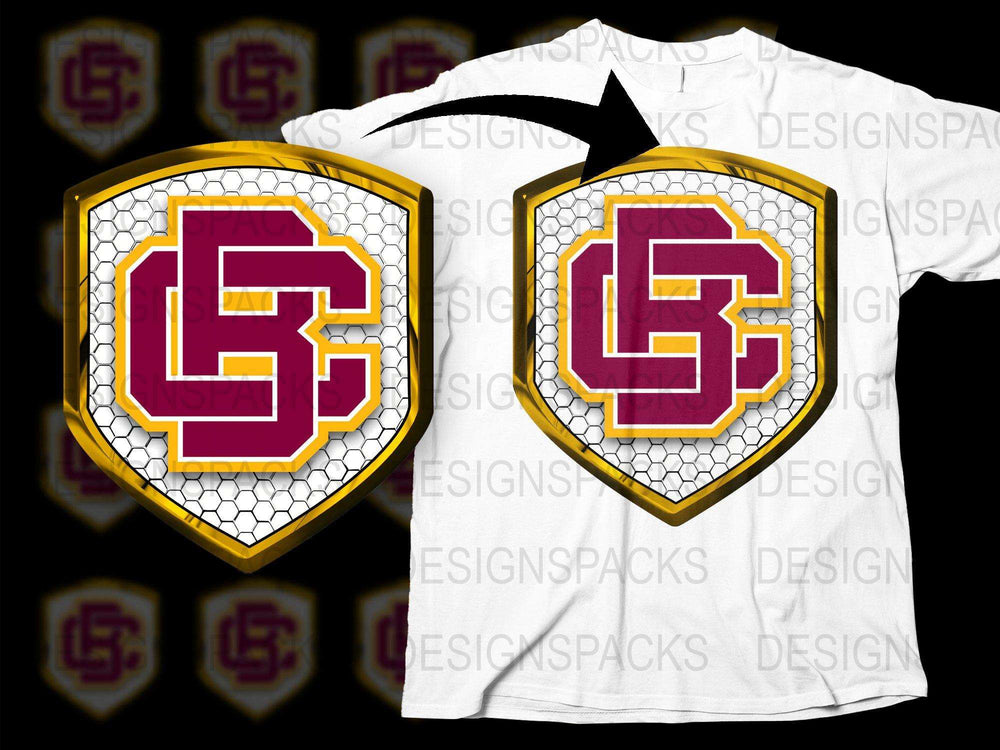 Unique White Sports Team Logo T-Shirt, Honeycomb Pattern, Bold Maroon Design, Athletic Apparel